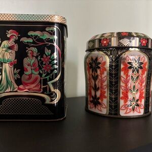 Lot of 2 Vintage Tea Tins ~ Design By Daher Floral Tin & Hinged Geisha Tin